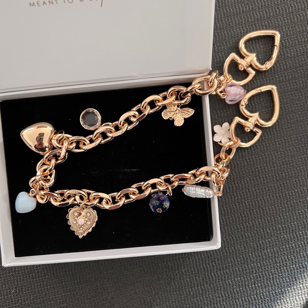 Free People Gold Charm Bracelet with Heart and Flower Accents Necklace